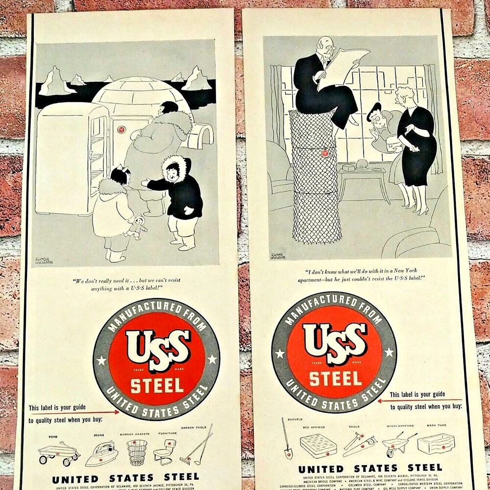 1950 Eskimo Igloo USS Steel Rich People Lot of 2 Original Vtg PRINT ADs Ephemera